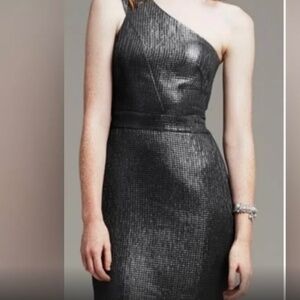 Banana Republic Gunmetal One Shoulder Monogram Dress, Size 4.
